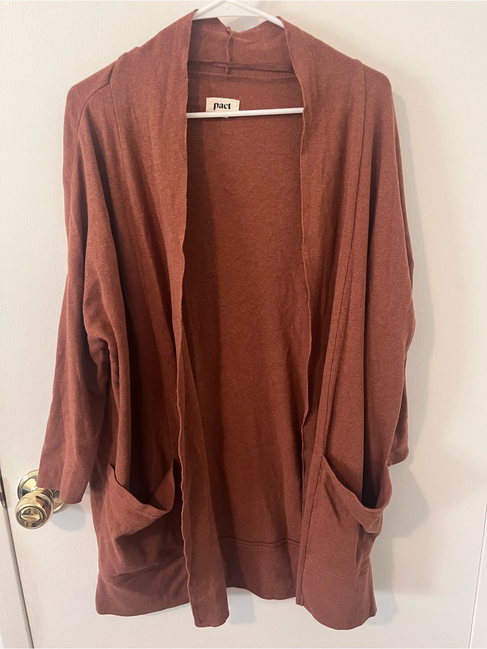 Pact Airplane Cardigan Open Front Longline Pockets Organic Cotton Rust XS S